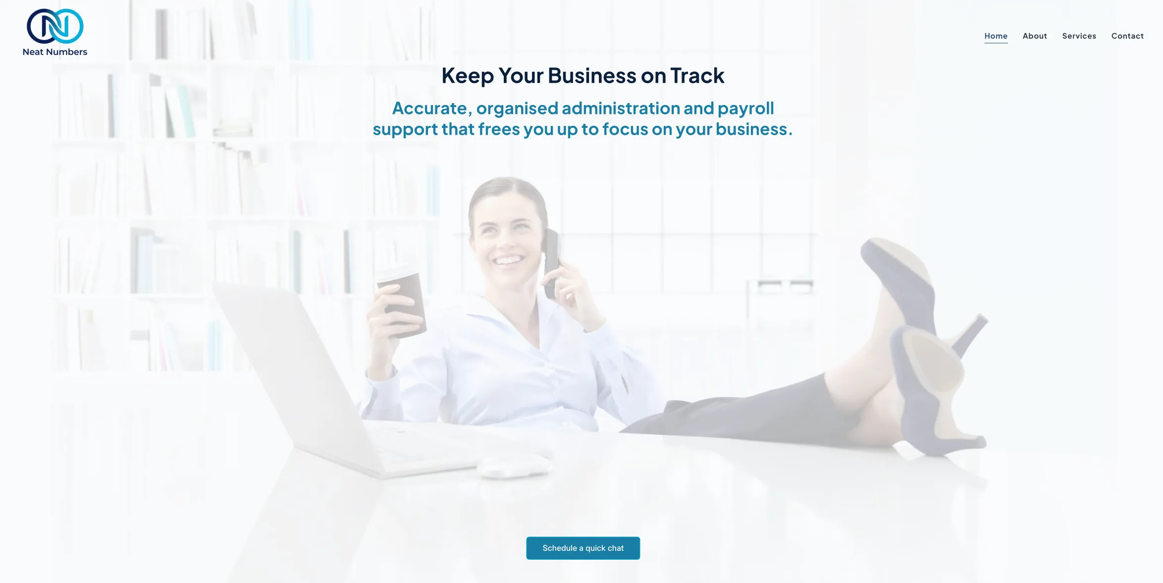 A screenshot of the Home hero section of Neat Numbers Co A new start up Small Business website