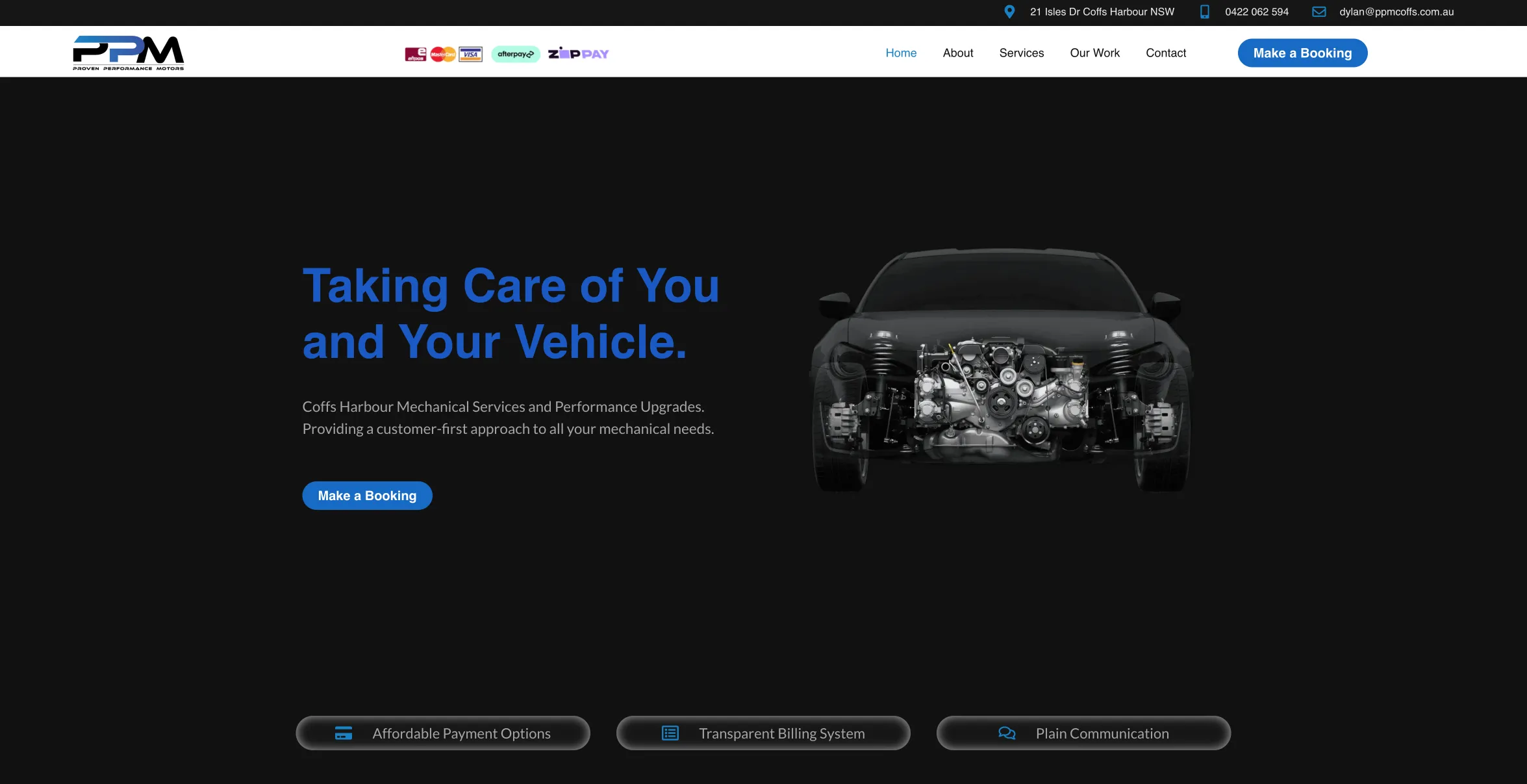 A screenshot of the Home hero section of Proven Performance MotorsNew Small Business website