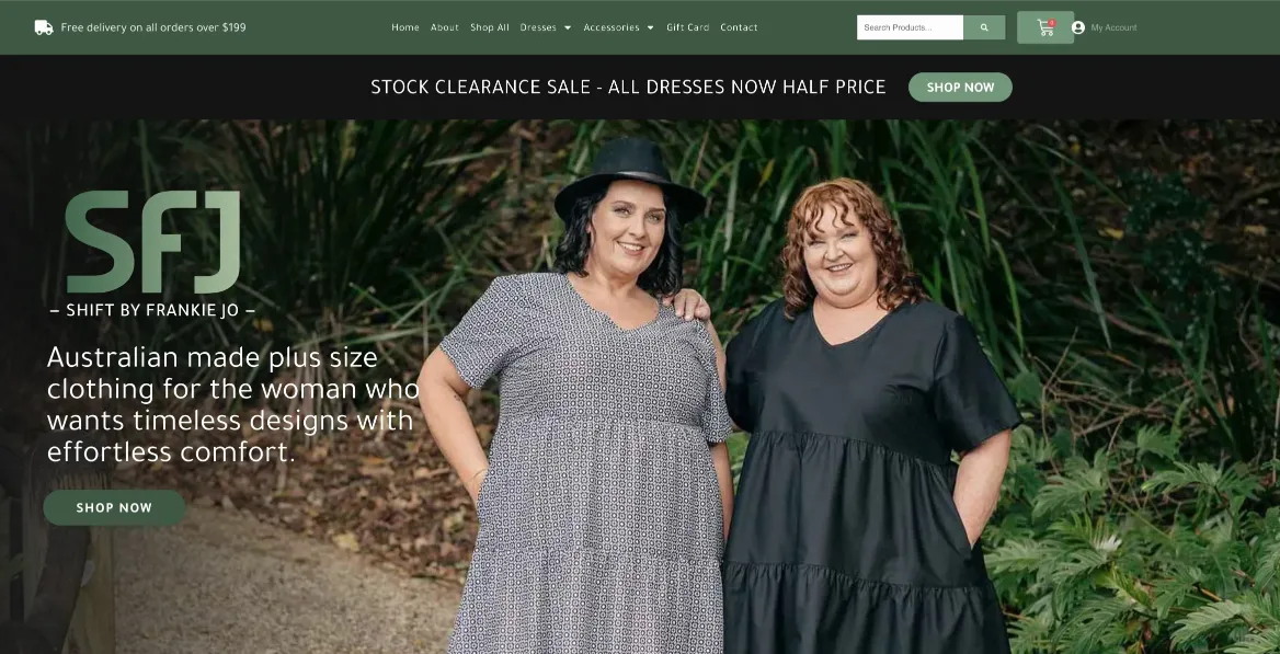 A screenshot of the Home hero section of Shift By Frankie JO a Ecommerce Website